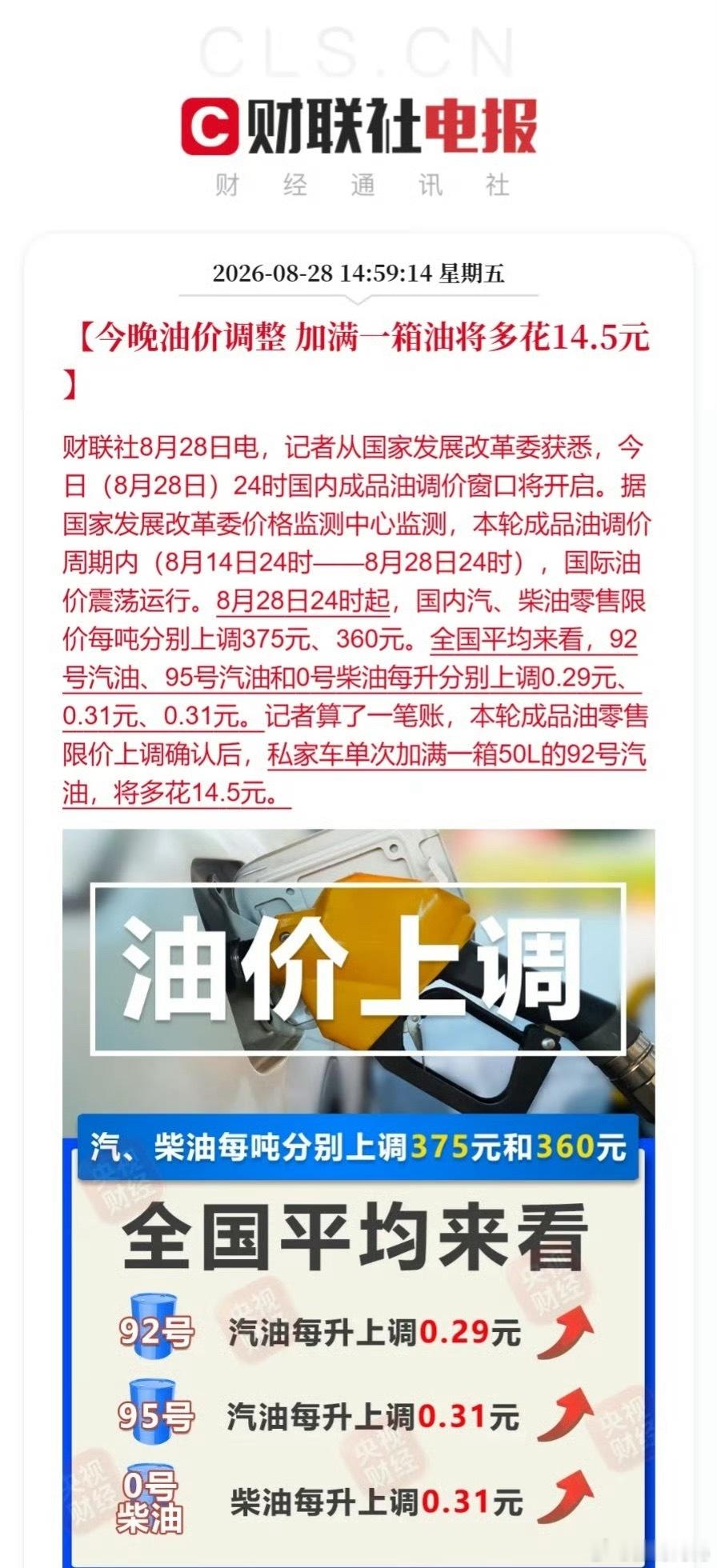 油价8月28日24时国内新一轮成品油调价窗口正式落地，汽、柴油每吨分别上调375