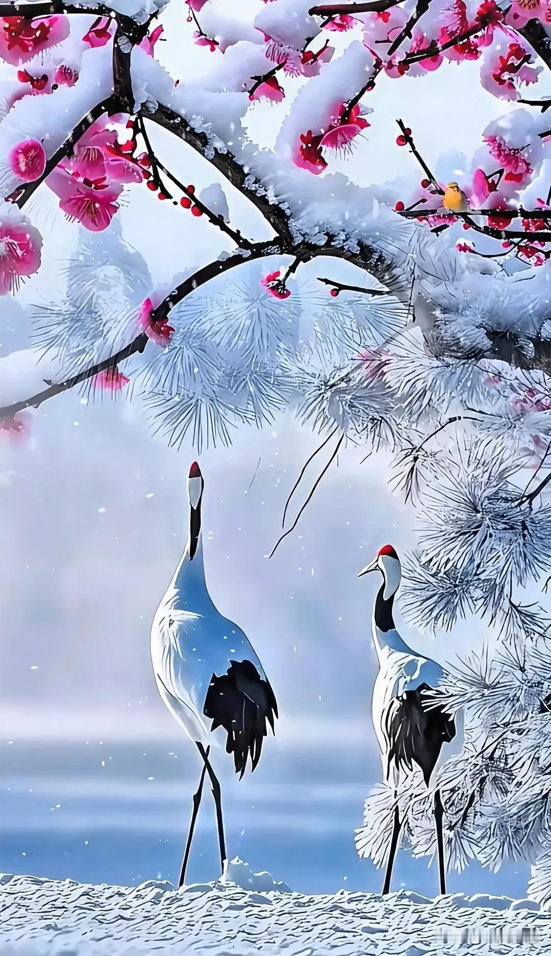 冬日仙境中的仙鹤，粉雪与红梅相映成趣，美不胜收！🌨️🌸🦢