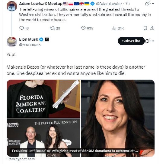 马斯克回应《大西洋月刊》文章, 炮轰贝索斯前妻和乔布斯遗孀