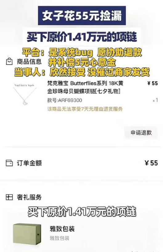 女子凌晨网购，发现标价一万四千余元的梵克雅宝项链竟然只要55元，女子欣喜若狂