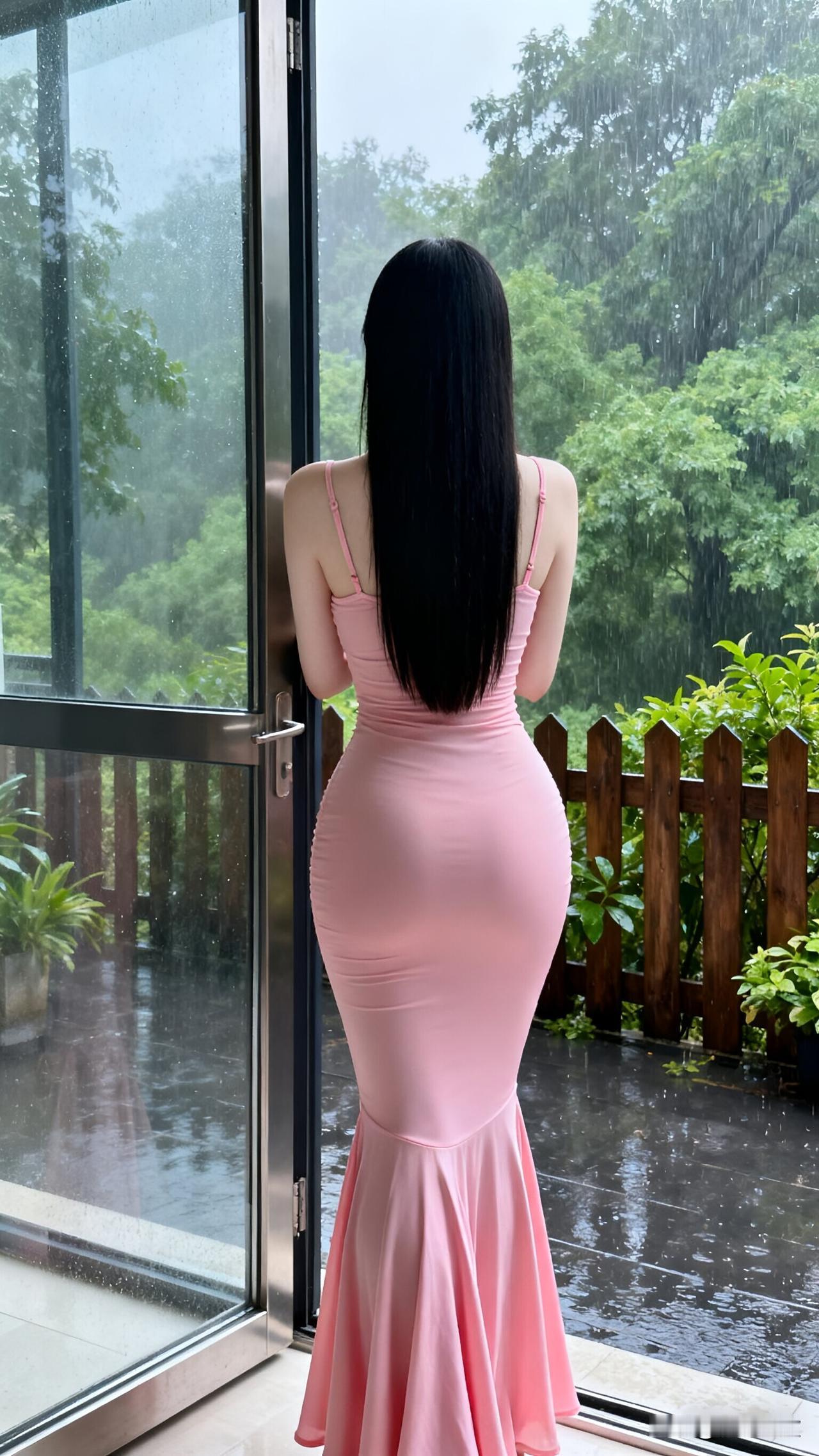 雨天窗边的粉裙背影，这曲线美到让人挪不开眼！谁能扛得住雨天里的这份温柔暴击