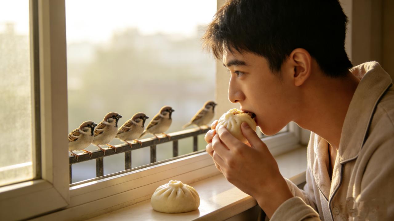 小王每天早上都带两个包子，一个自己吃，一个放在窗台上。我问他放那儿干嘛。他说
