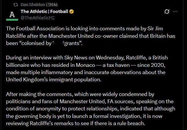 TA英足总正在调查曼联联合老板吉姆·拉特克利夫爵士发表的言论，他声称英国已被“移