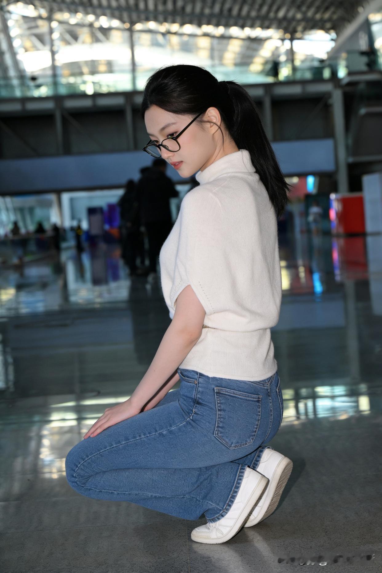 在候机厅看到一个戴眼镜的女孩蹲着。这场景让我想起超模卡鲁切·陈只身蹲机场候机，毫