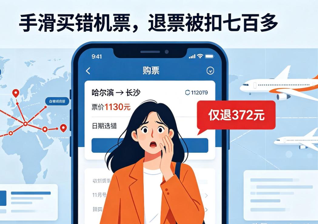 黑龙江，女子网购哈尔滨飞长沙的机票，票价1130元。付款过去1分钟，她反应过