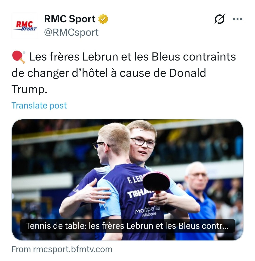 特朗普祸害到乒乓球届了受害者：法国乒乓球队机翻根据RMCSport的信息，由于