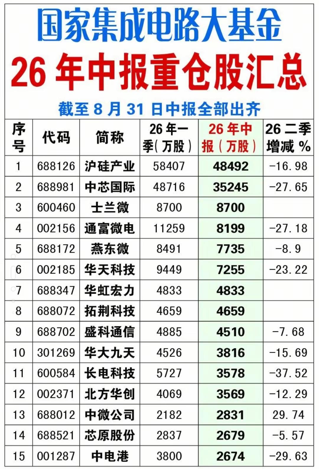 国家队重仓的科技龙头有哪些？大基金2026中报持仓揭晓！30只芯片股，仅1家逆势