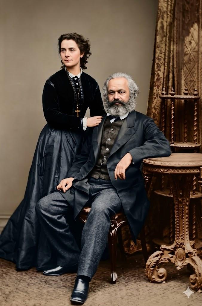 1869年，卡尔·马克思和长女珍妮的照相馆肖像。端坐的马克思留着标志性大胡须，