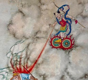 这是清朝人绘制的关于西游记故事的工笔画。这张工笔画常被认为是孙悟空大战哪吒。画上