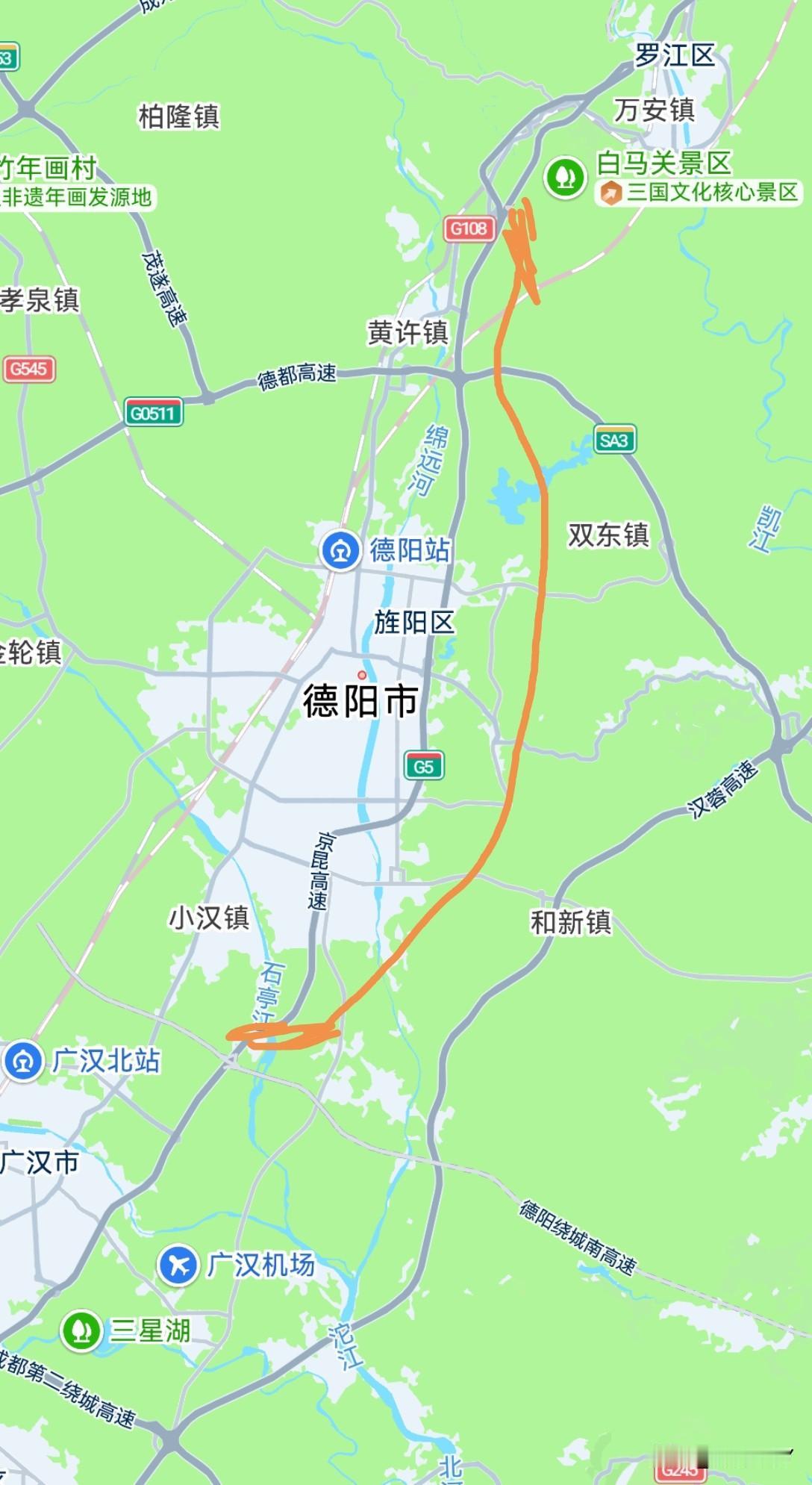 京昆高速在德阳市区东移最可能的方案。这样的话，至少使德阳城区扩大三分之一。