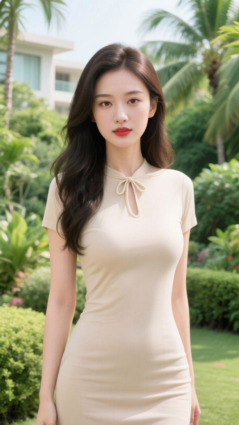 椰风庭苑椰影摇风入画栏，繁阴叠翠满庭园。平茵芳草铺晴色，层楼静立沐清光。