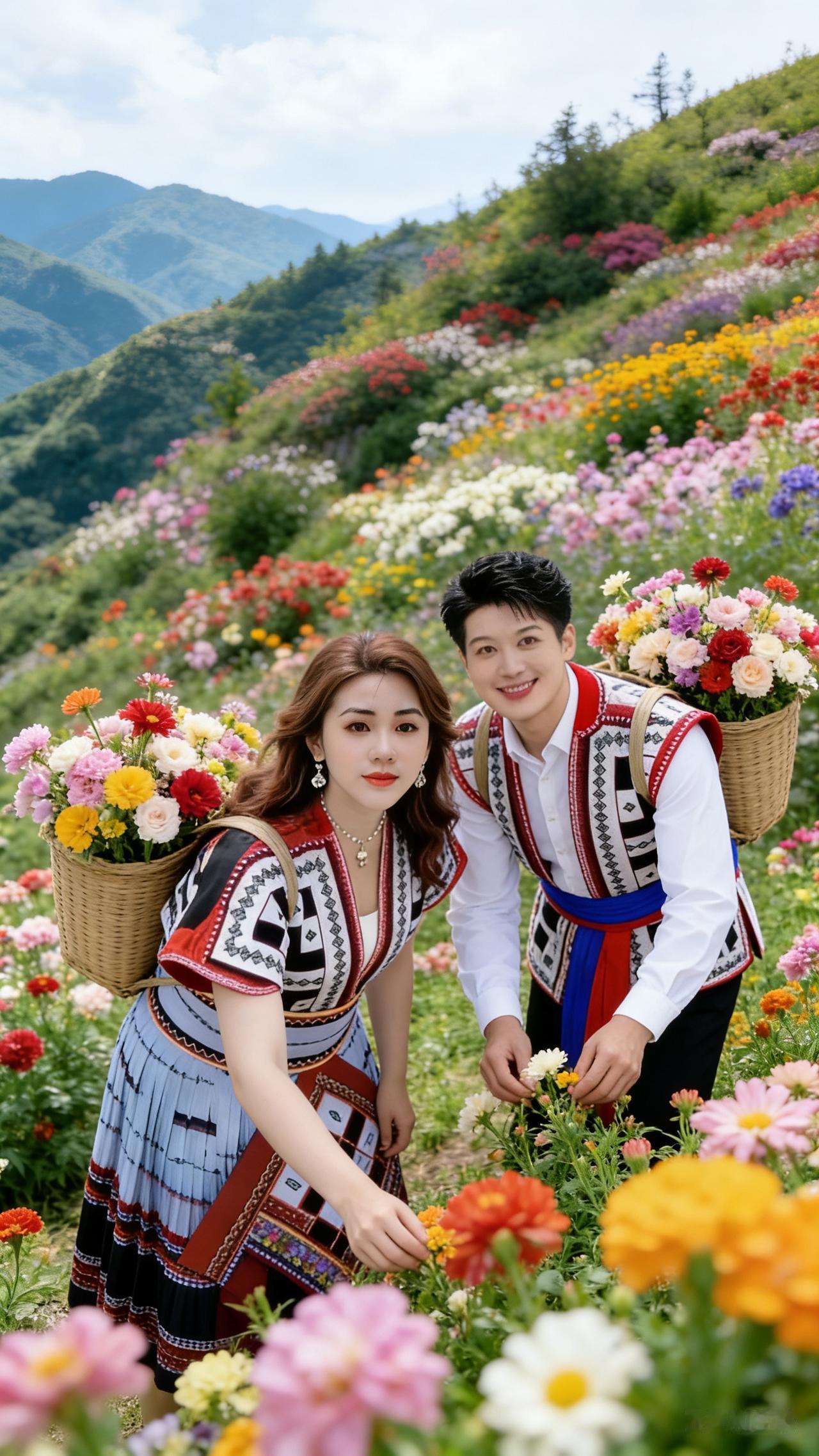 山野情长青山滴翠百花芳，苗寨佳侣觅春香。彩服流彩风情荡，竹篓盈春笑韵昂。