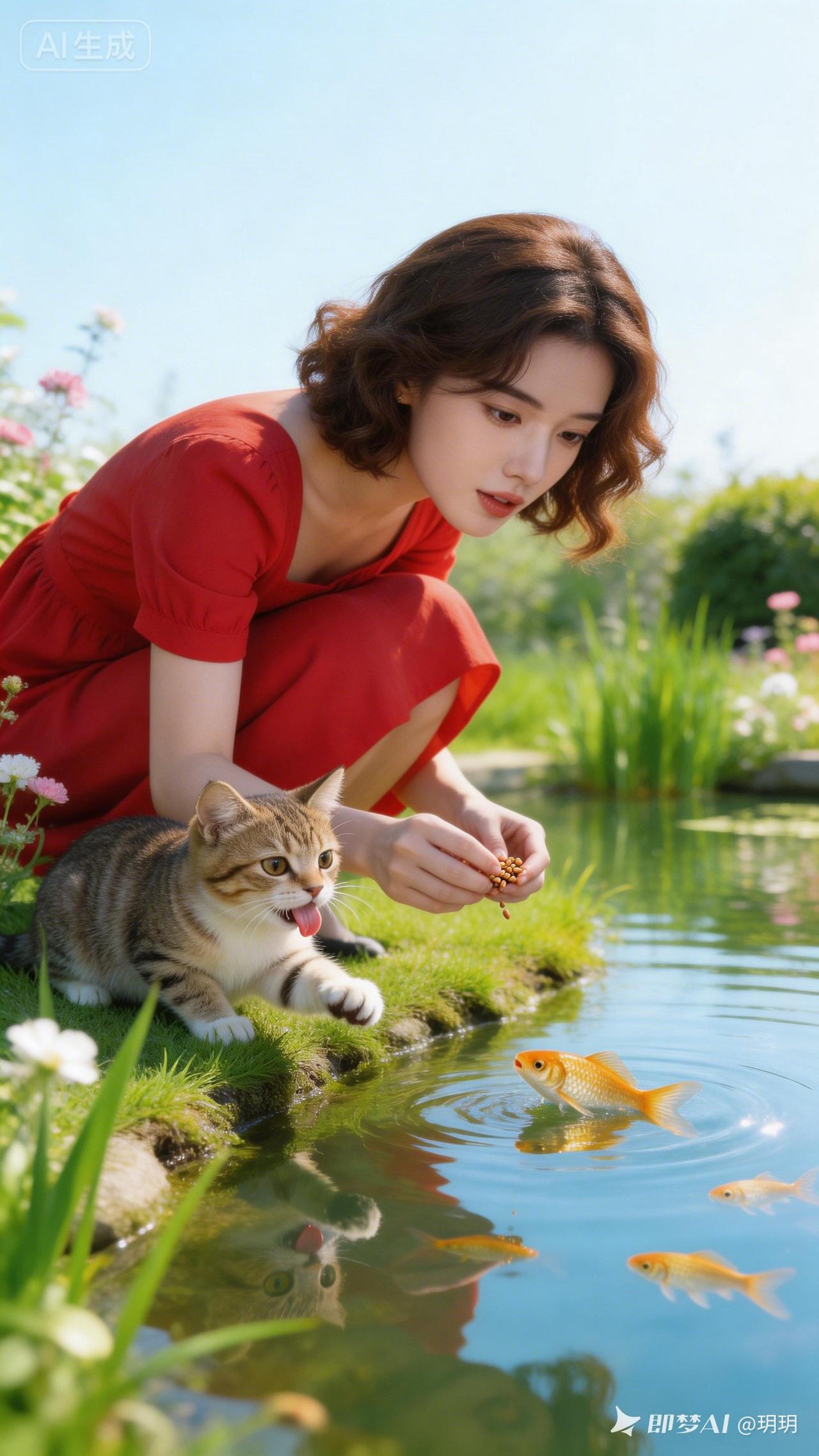 阳光明媚的午后，与猫咪一起在花园里喂鱼，感受生活的宁静与美好。🌞🐱🐟