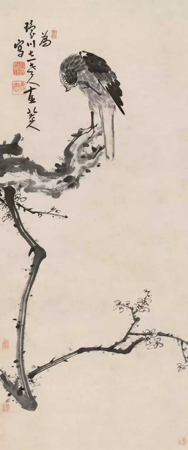 八大山人原为明朝王孙，明灭亡后，国毁家亡，心情悲愤，落发为僧，以明朝遗民自居，