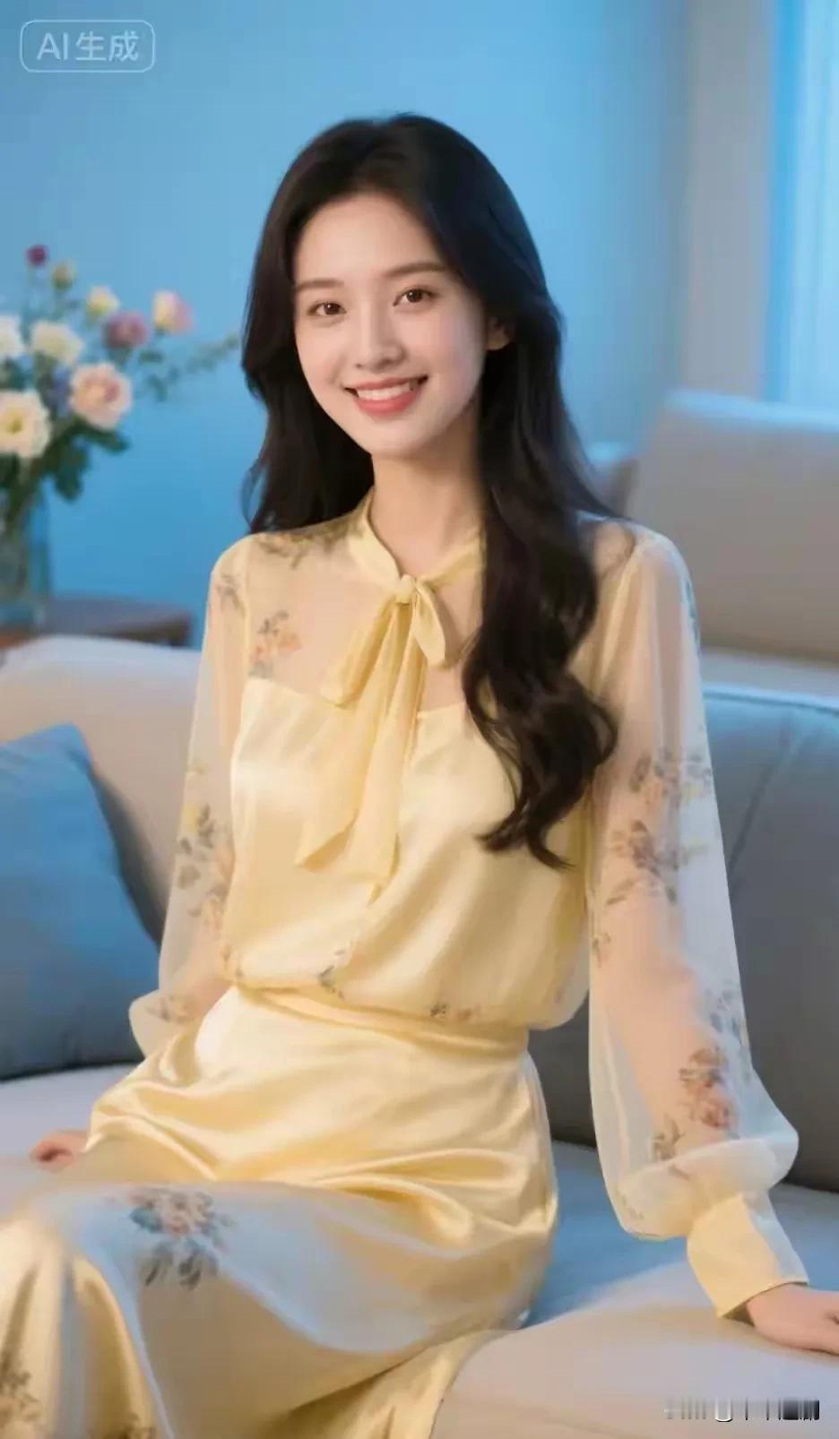 鹅黄裙衫裹着柔纱袖，发梢勾着沙发边的花香，笑意漫开时，连室温都浸了层甜。温