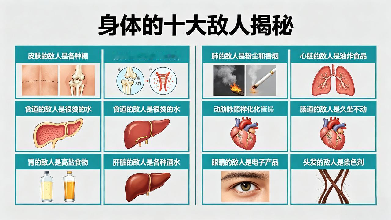 身体十大敌人揭秘1、皮肤的天敌：各类添加糖与精制糖！2、骨骼的天敌：碳