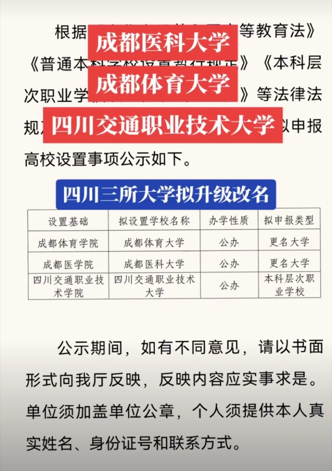 四川三所学院拟更名为大学有你的母校吗成都体育学院→成都体育大学成都医学院→成都