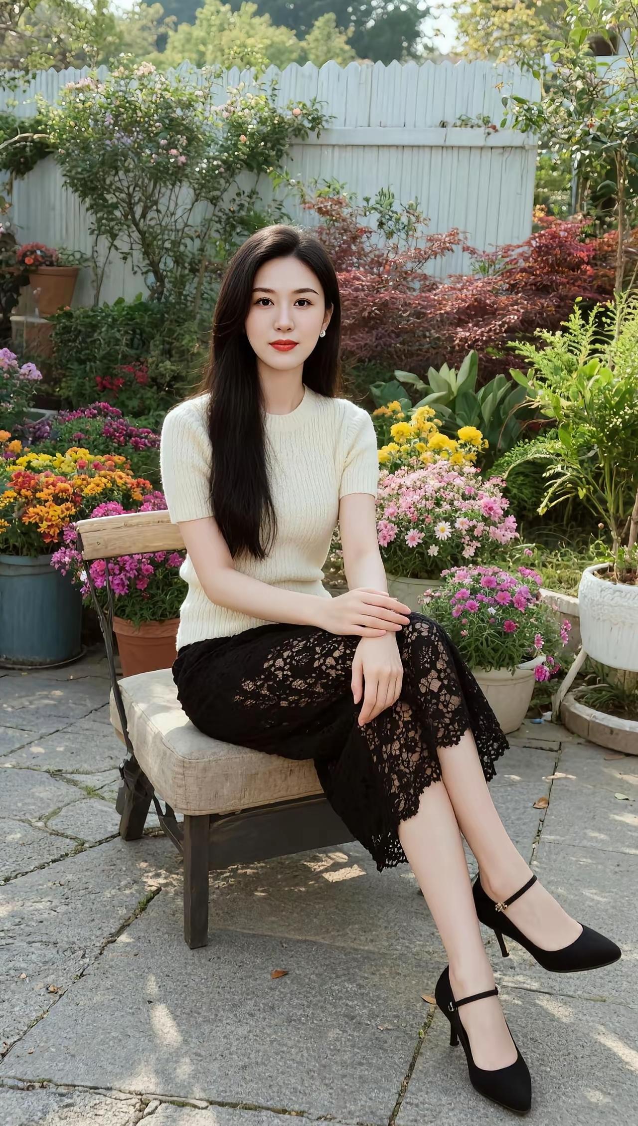 优雅黑裙与米色毛衣的完美搭配，坐在花园长椅上，享受宁静时光。