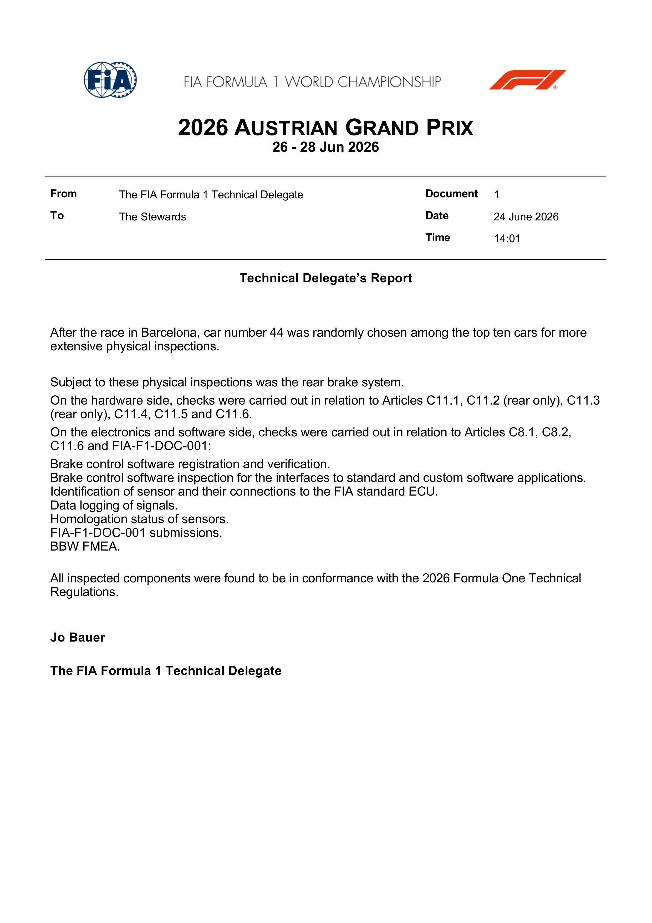 F12026F1奥地利大奖赛上一站赛后赛会抽查了汉密尔顿的赛车，都符合规则……