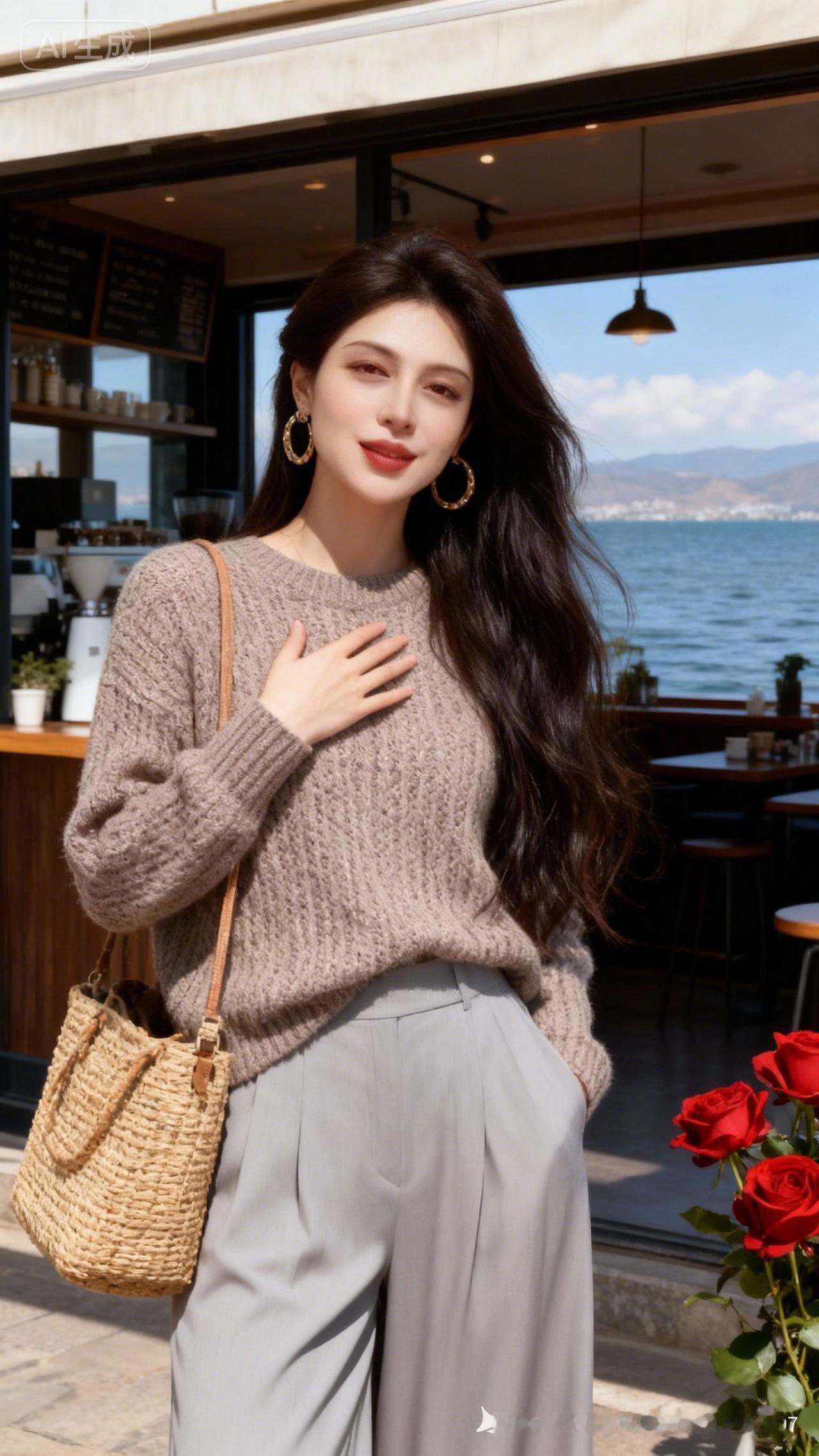 海边咖啡馆的温柔时光，红玫瑰与海风相伴。