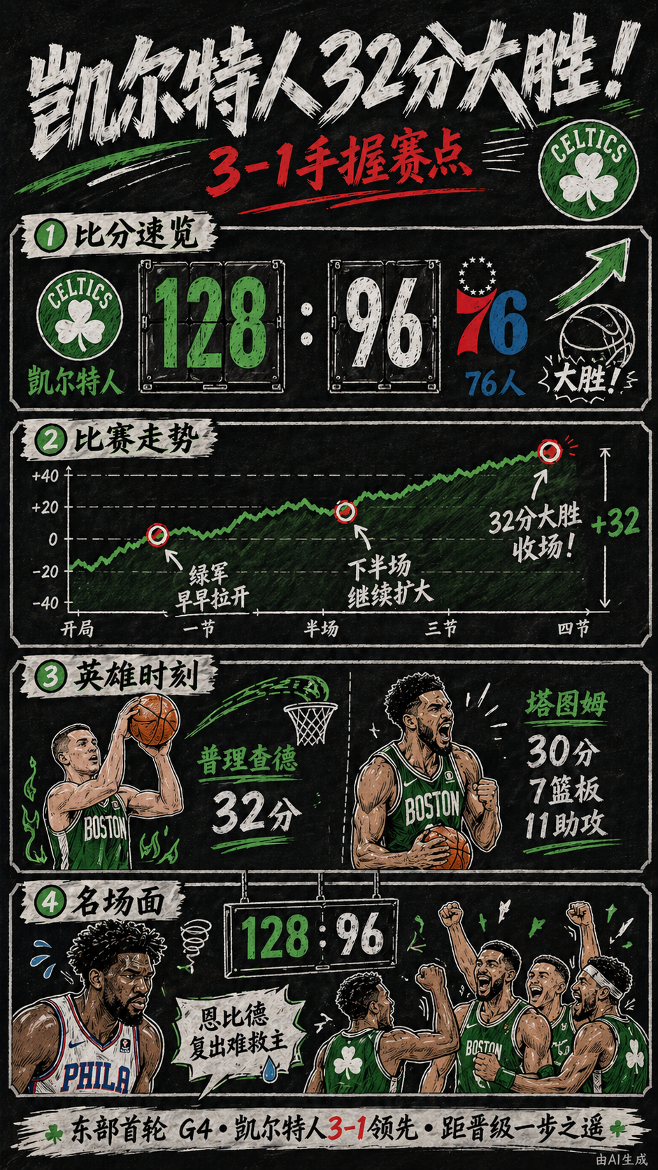 一图看懂：绿军狂屠76人32分3-1夺赛点！恩比德复出26+10成空砍！