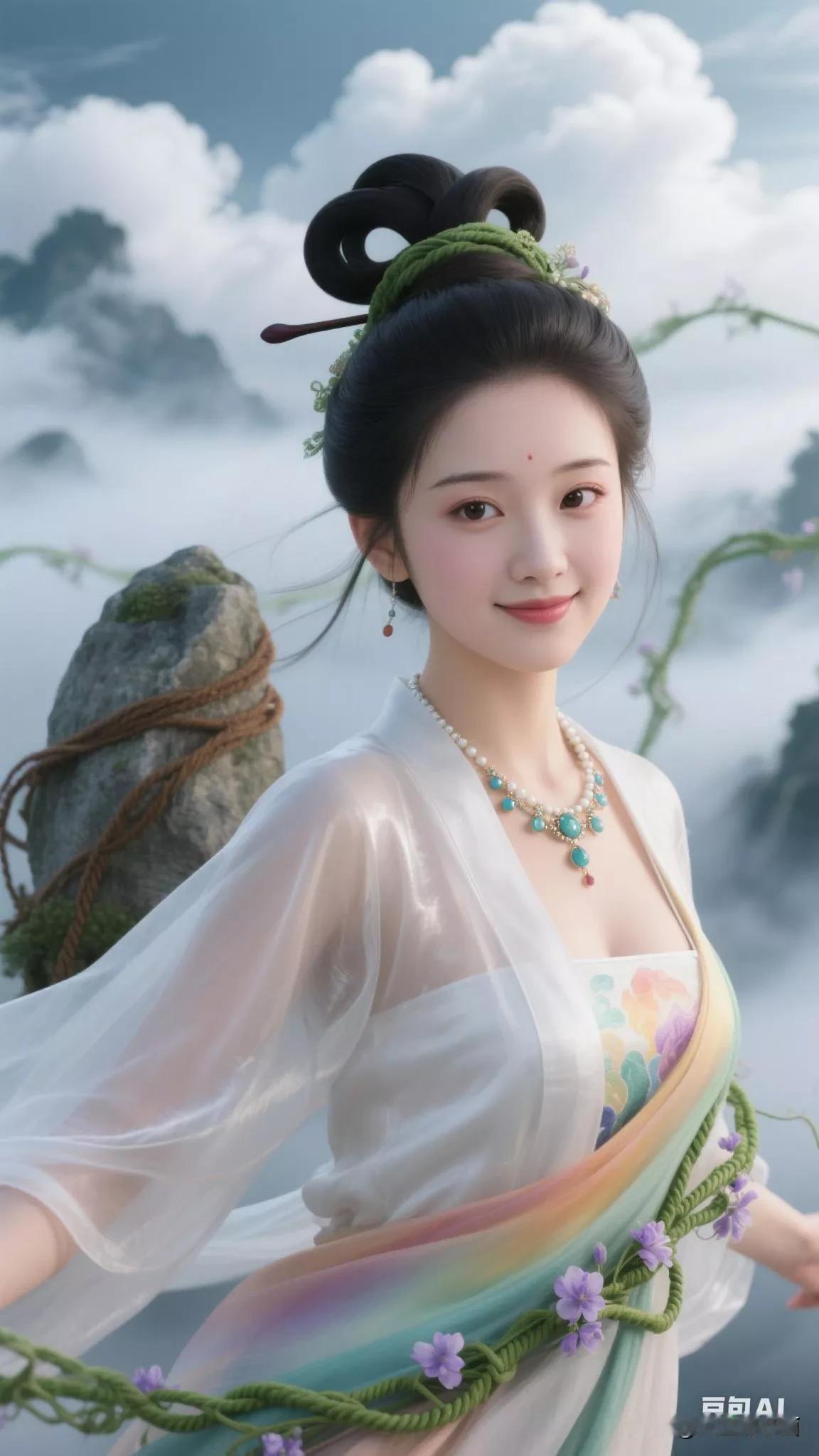 仙气飘飘的仙侠少女，云雾缭绕中翩翩起舞。张立启原创书画AI作品古仕女发髻集锦第3
