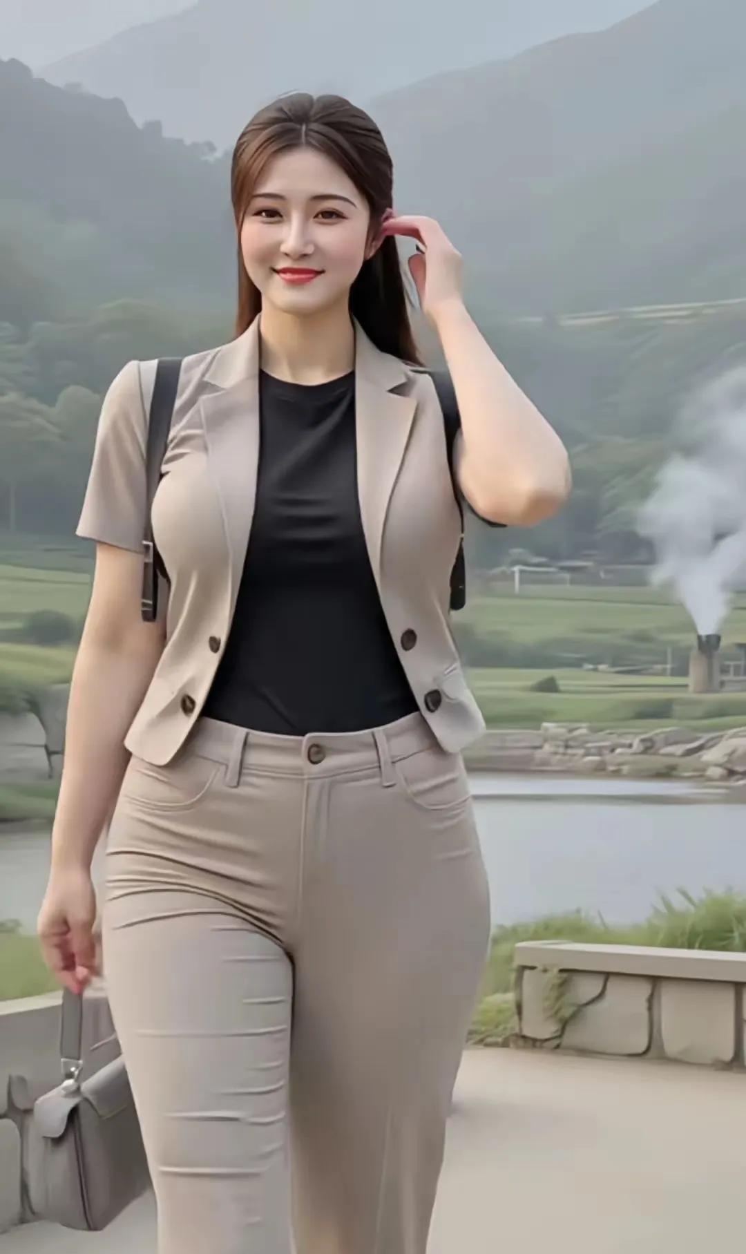七律·晨雾中的优雅晨烟漫绕远峰轻，玉影悠然步韵生。短袂西装藏秀骨，玄裳素袷衬