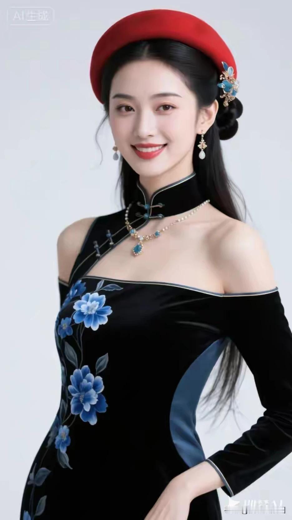 中国服饰，东方文化红色帽子，蓝黑旗袍高贵典雅，气质女人别具一格，千娇百媚