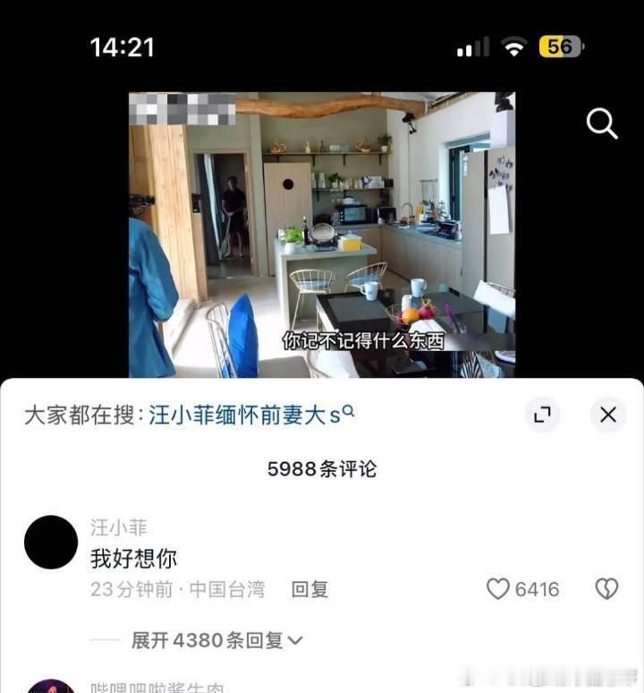 汪小菲在他和大S的综艺剪辑视频下评论：“老婆，我好想你”随后又删了重发：“我好