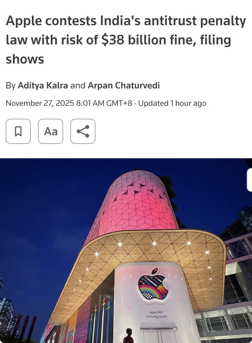 外媒：苹果公司正在挑战印度的反垄断罚款法律，根据德里高等法院的文件显示，苹果可能