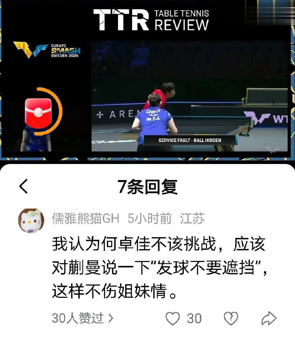 何卓佳按照比赛规则挑战鹰眼，竟然有人说姐妹情哪去了。网友儒雅评论区留言说何卓佳
