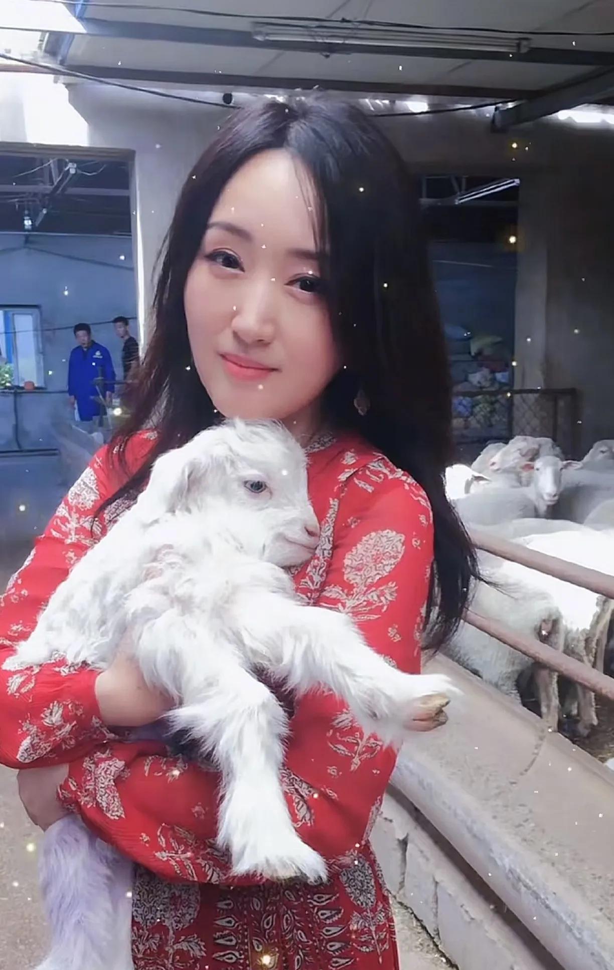 温温柔柔的杨钰莹抱着同样温温柔柔的小羊羔，画面相当温馨。像杨钰莹这样的女人，即使