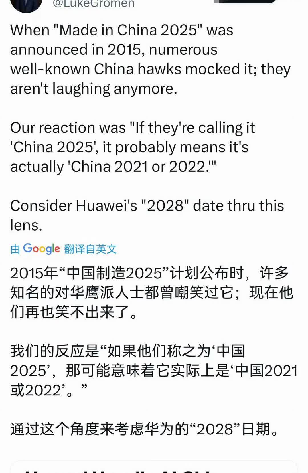 这是一个美国人的思考。其实光美国人，就我们自己，当时《中国制造2035》刚提出，
