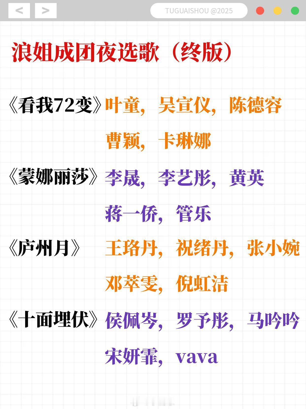 乘风2025浪姐成团夜选歌终版，根据姐姐们个人意愿～根据各个粉丝后援会