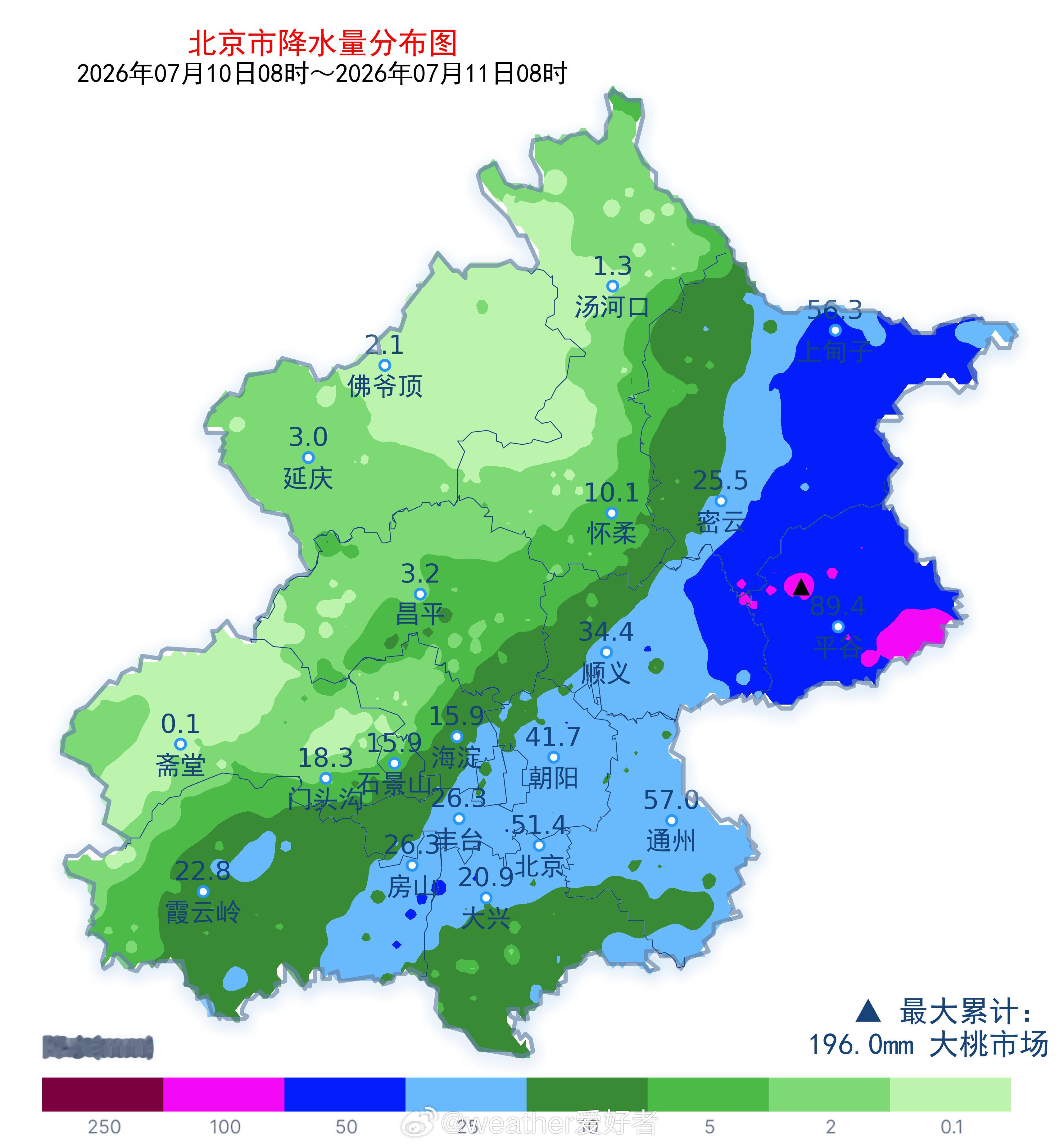北京暴雨实况来看，北京的暴雨不及预期，东部的降雨最强，平谷密云部分地区出现暴