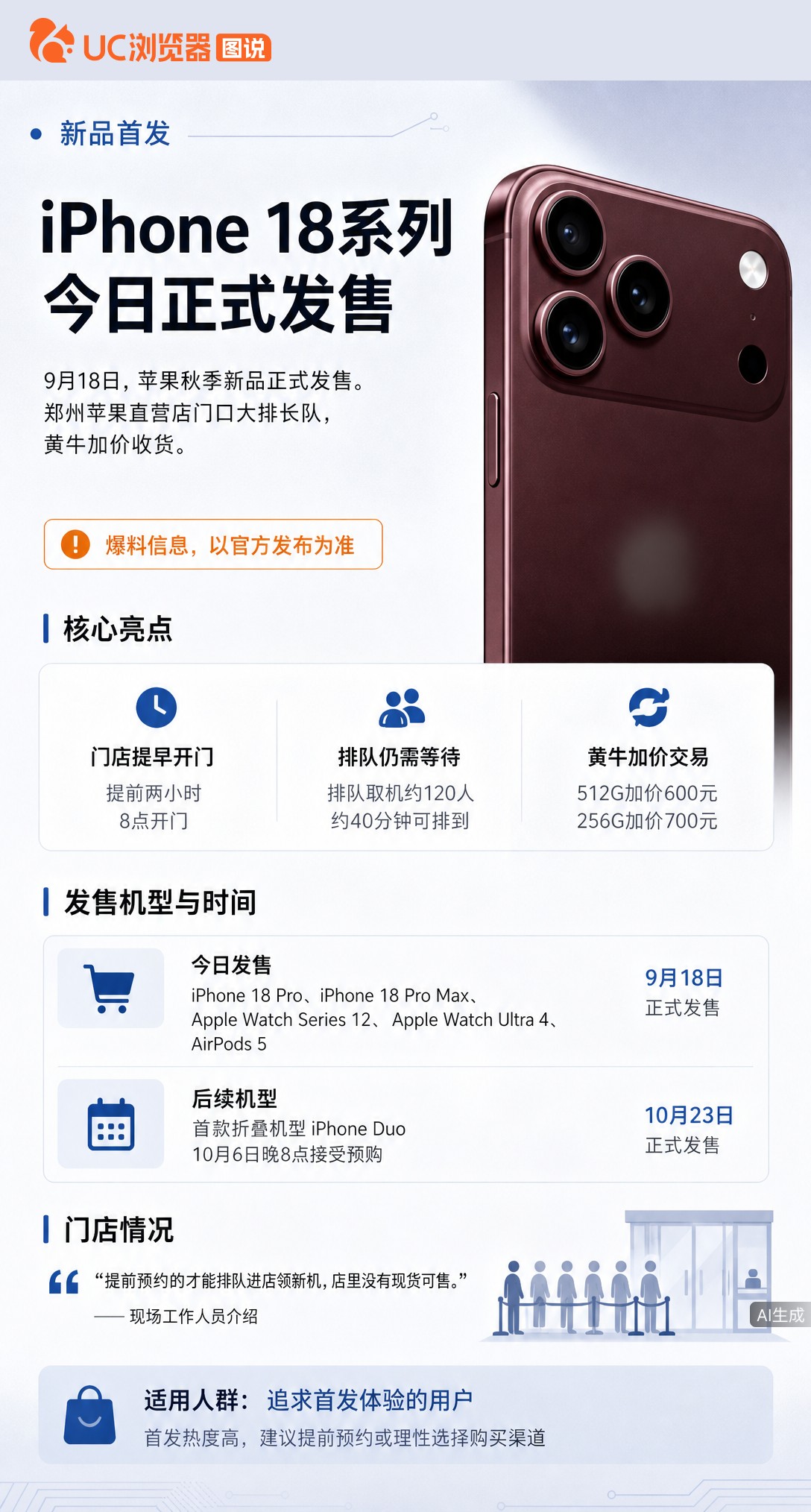 iPhone18系列发售，郑州直营店提前两小时开门仍排长队。勃艮第酒红ProMax成黄牛目标，256
