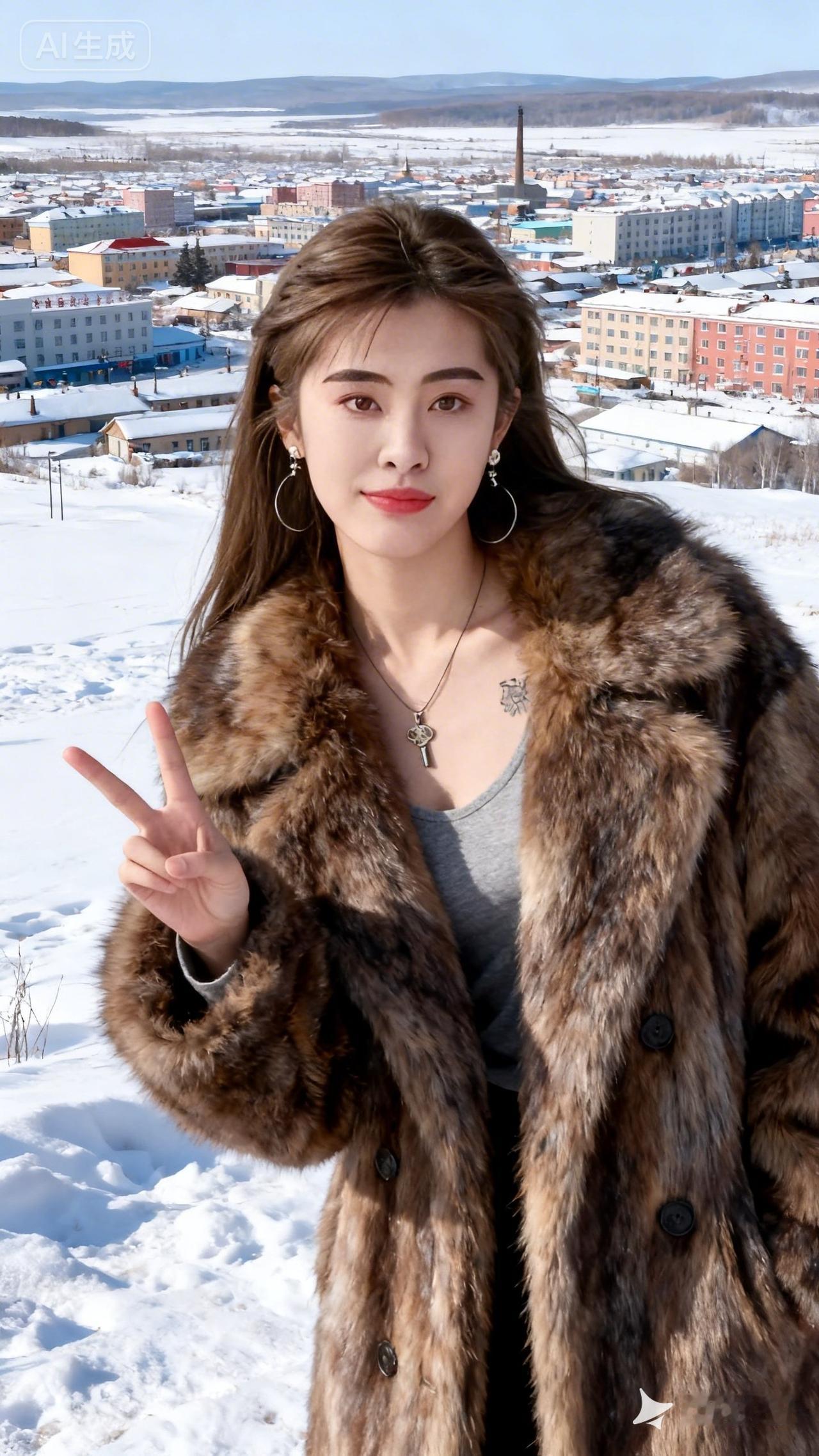 冬日雪景中的时尚大片，毛绒大衣与雪地完美融合，尽显冬日魅力！🌨️👗💄