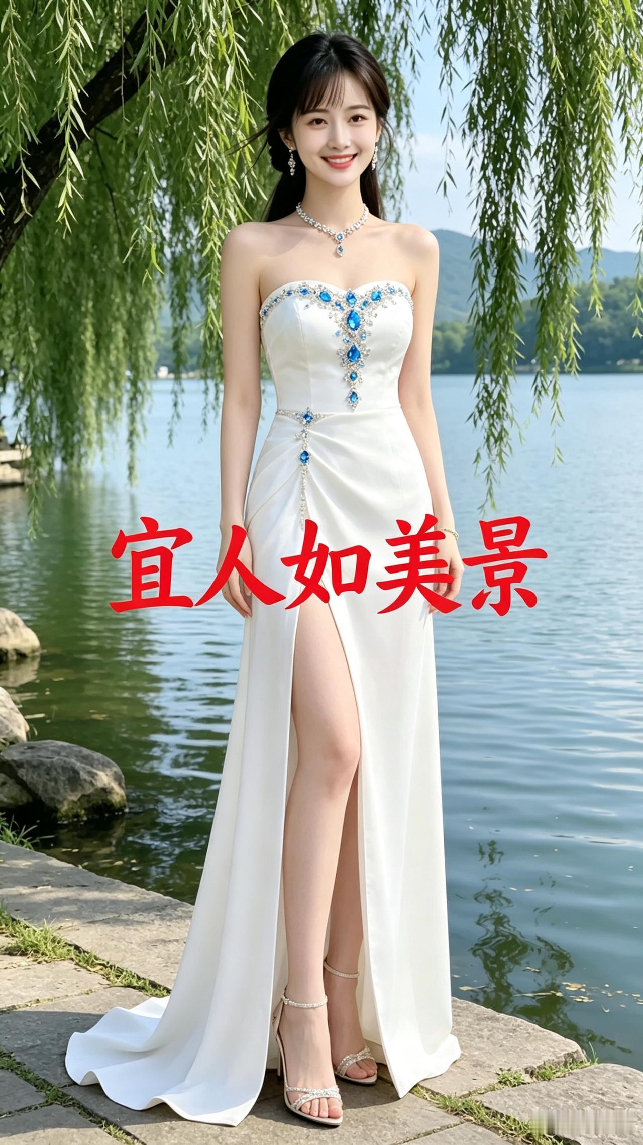 湖畔佳人湖畔垂杨舞翠绦，碧波潋滟映云霄。白裳曳地姿容雅，蓝宝添辉韵更娇。