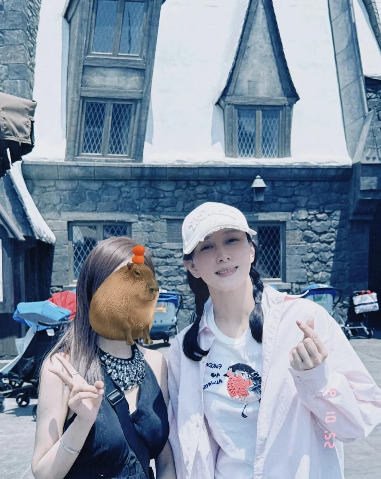 胡静一家三口游环球影城！网友在北京遇到胡静一家了，她穿着白衬衣，戴着帽子，还与粉