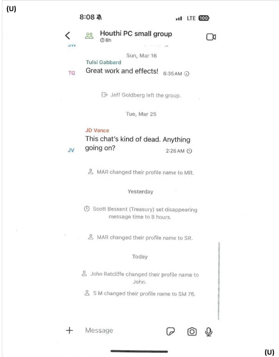 特朗普高级官员三月份用于协调也门空袭的Signal聊天记录被媒体泄露数小时后