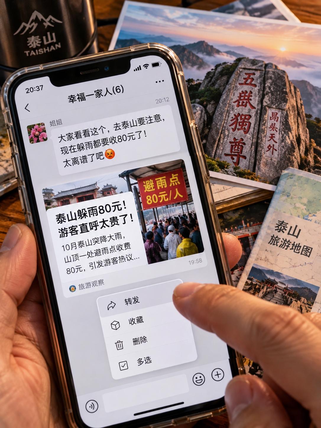 我妈第一个转给我。然后又转给了三个群。“泰山躲雨80块一小时！”配了张截图，