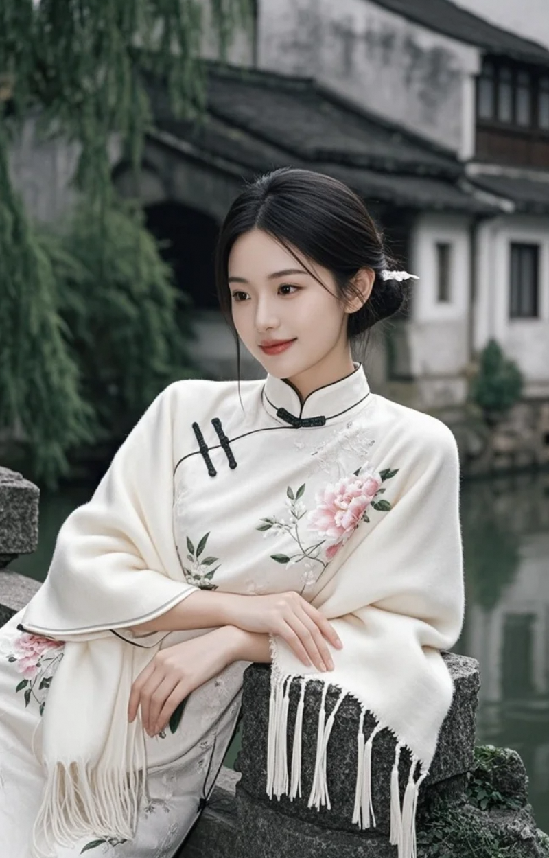 旗袍佳人，静立于古桥之上