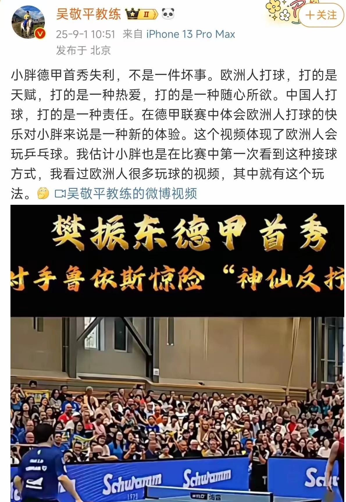 樊振东德甲打球，可把吴敬平忙坏了。樊振东德甲首秀失利，吴敬平发文不是坏事。在德