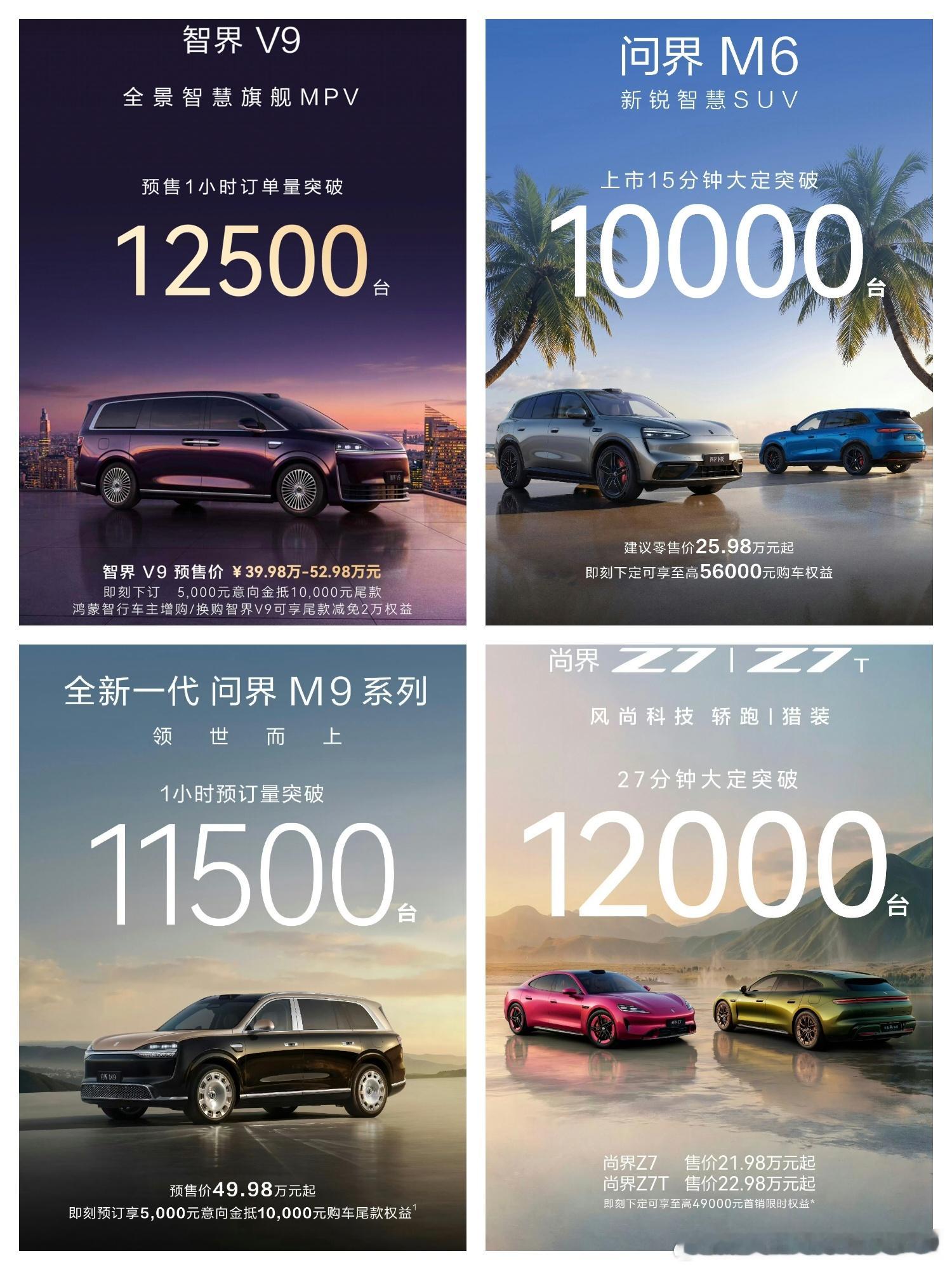 昨天的成绩单，智界V9预售1小时订单量突破125000台；问界M6上市15分钟大