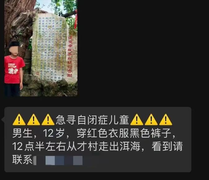 云南大理今日再走丢一12岁自闭男孩，前几天刚刚发生一起8岁自闭男孩走丢后死亡，