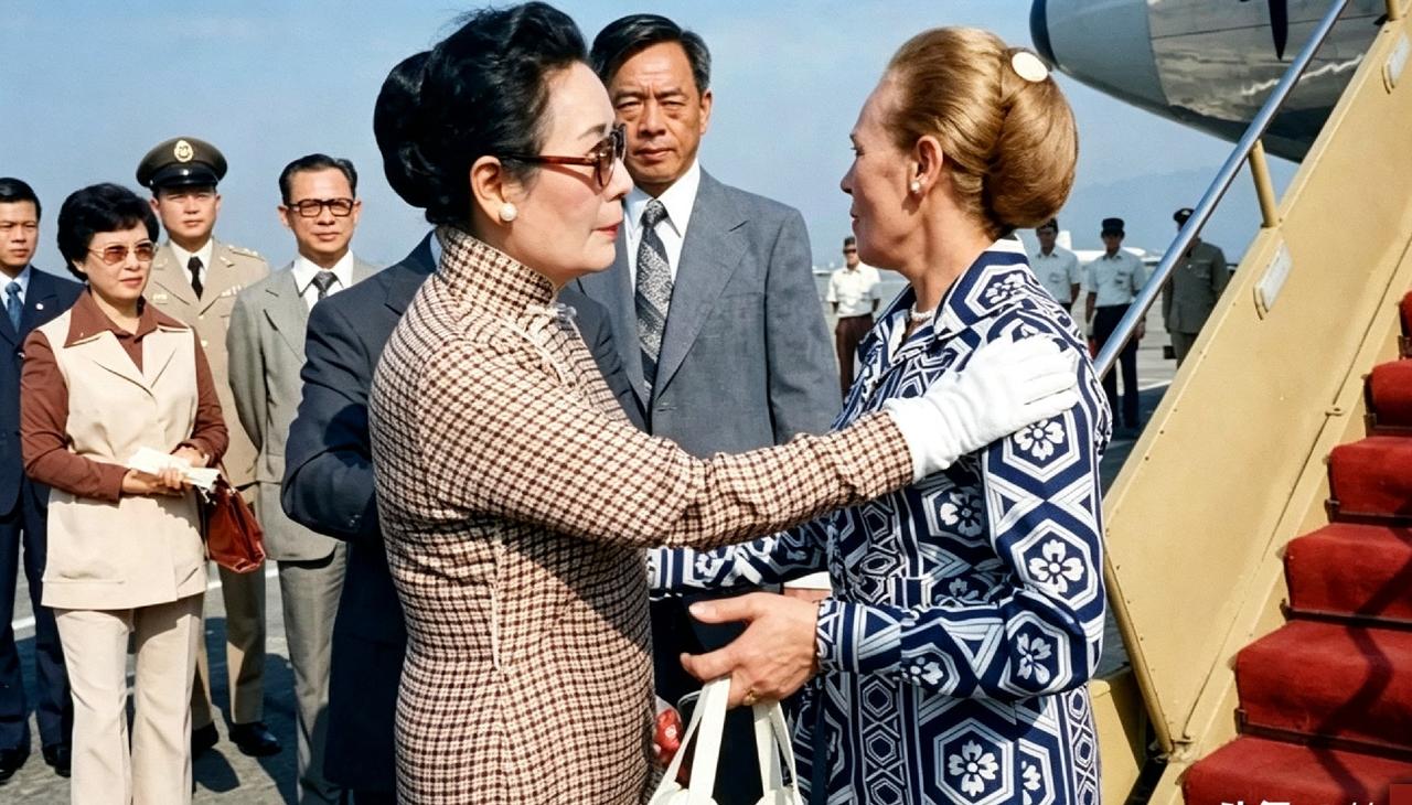 1975年蒋介石尸骨未寒，78岁的宋美龄便收拾行李决意远走美国。舷梯旁，她一把按