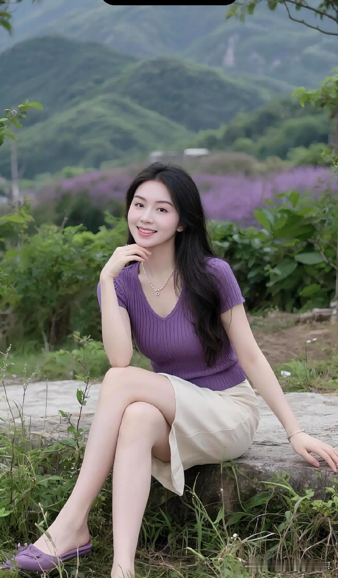 青山叠翠间，紫衣少女静坐石上。笑靥如花，映衬远山如黛，近野含烟。风拂秀发，温柔了