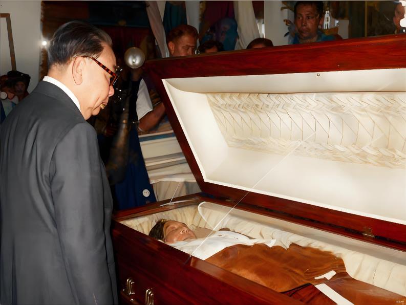 这张拍摄于1977年7月10日台北市殡仪馆，画面中，民国军界名将胡琏安卧棺内，距