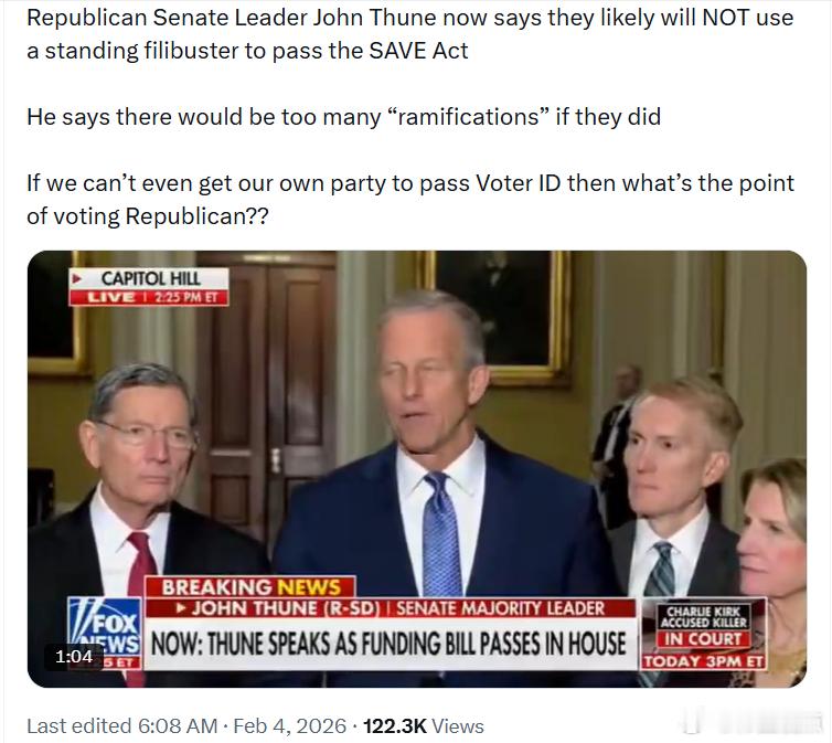 共和党参议院领袖约翰·图恩现在表示，他们很可能不会使用“站立冗长辩论”（sta