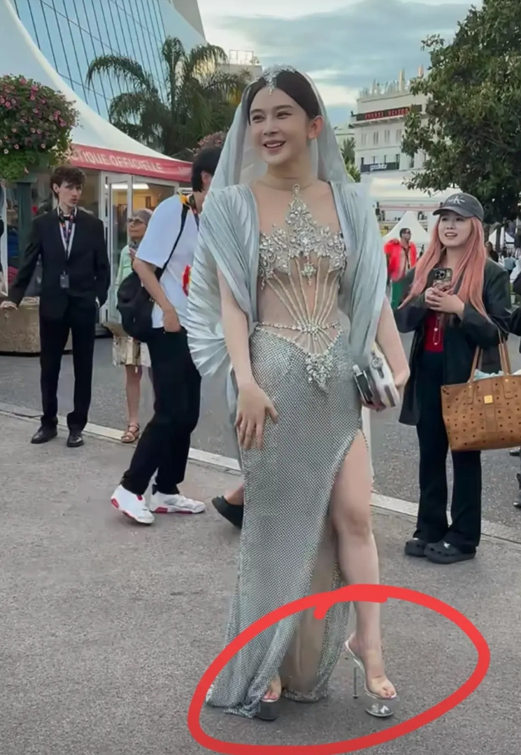 赵樱子戛纳红毯被请走，一身印度装打扮，水晶防水台高跟鞋20公分。看了看好像在红毯